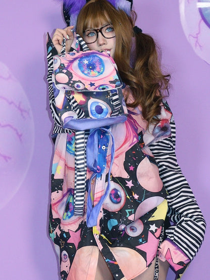 Fold-Over Flap Design Guro Colorful Backpack Eyes Print Kawaii