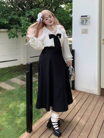 / Bowknot Detachable Shoulder Plus Size Black Waist Dress Cutout with High Pink and