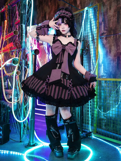 Kitty Gothic Striped + JSK Top Bow and Dress Pattern Ears Black Sailor Collar Lolita Big Purple Cropped