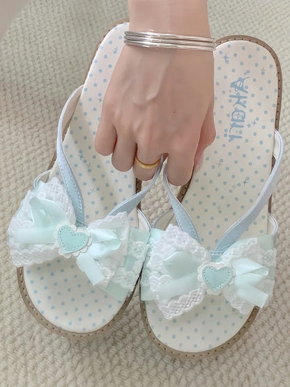 Lolita - Top Bow Slippers Satin Sole Mint Grain Wa at Platform Wood