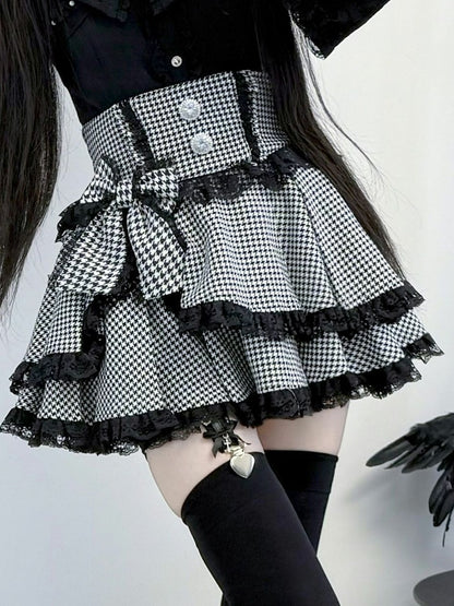 Tiered Skirt with Black Lace Trim  Bowknot Embellishment Jirai Kei Houndstooth