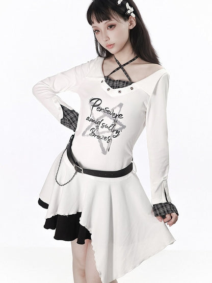 Retro Kawaii Halter V-Neck Long Sleeve Dress with Uneven Hemline & Printed Accents - PINK SAVIOR