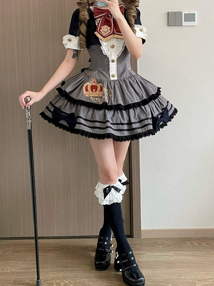 Monochrome Preppy Striped Two-Piece Gown with Crown Embroidery - Fairy Faith