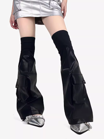 Punk Leg Warmers Black PU Cargo Pocket - White Socks