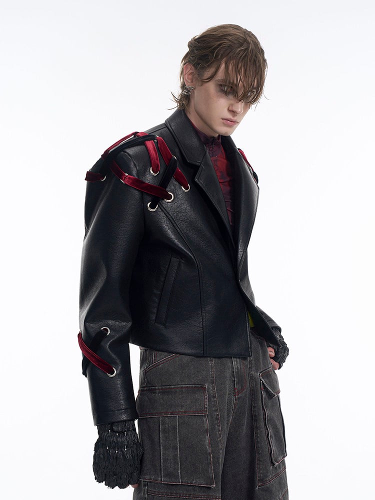 Velvet Jacket Black Cropped Shoulder with Crisscross Pads Straps Men's
