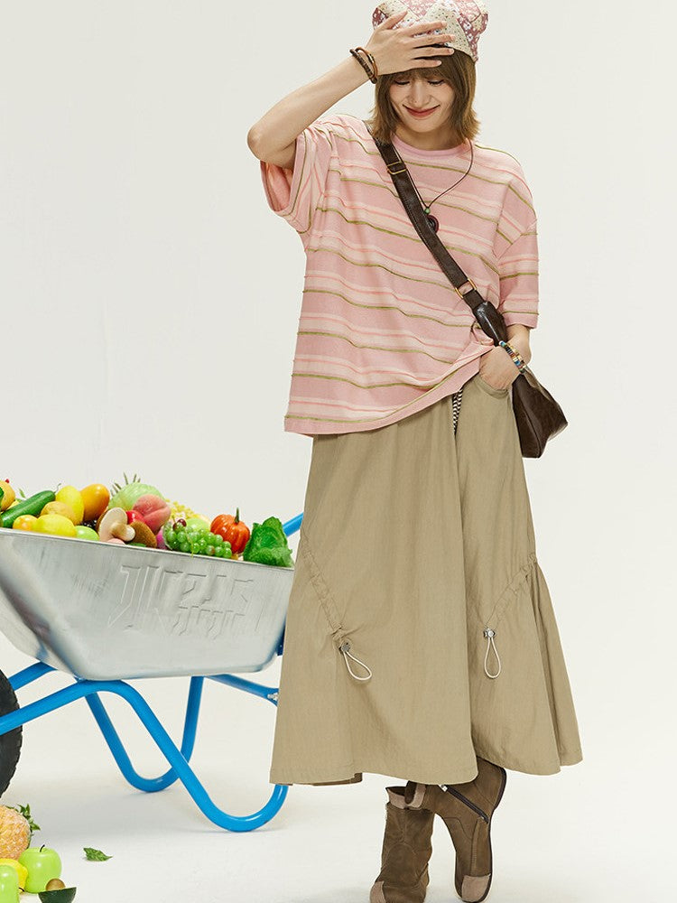 Vintage with Silhouette Design Drawstring Khaki Shirt A-Line