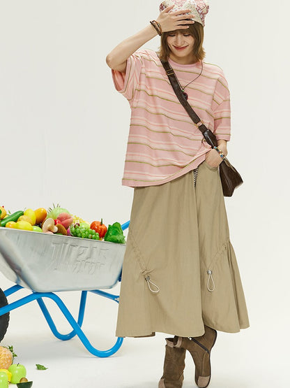 Vintage with Silhouette Design Drawstring Khaki Shirt A-Line