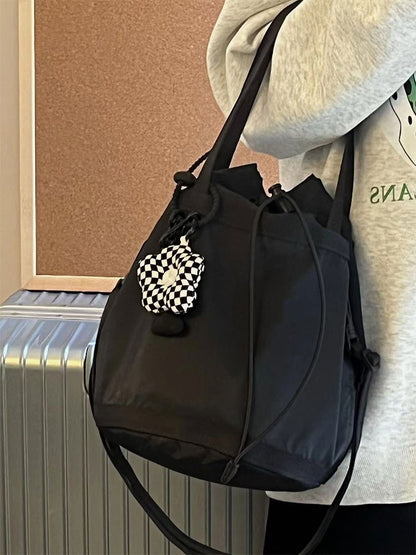 Chic Black Drawstring Bucket Bag With Capacity Large