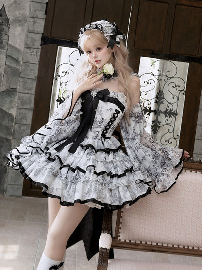 Elegant Hanayome-Style Black & White Porcelain-Inspired 82CM-Length Lolita Princess Dress - Sleepless Star