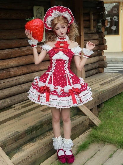 and Puff Dress Dot Sleeves School Polka Lolita Neck with Old Red Accents Halter Bow