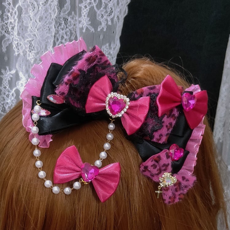 Heart Leopard Hairclips Color Options Pattern 5 Decorated Bead Rhinestone Chain Two