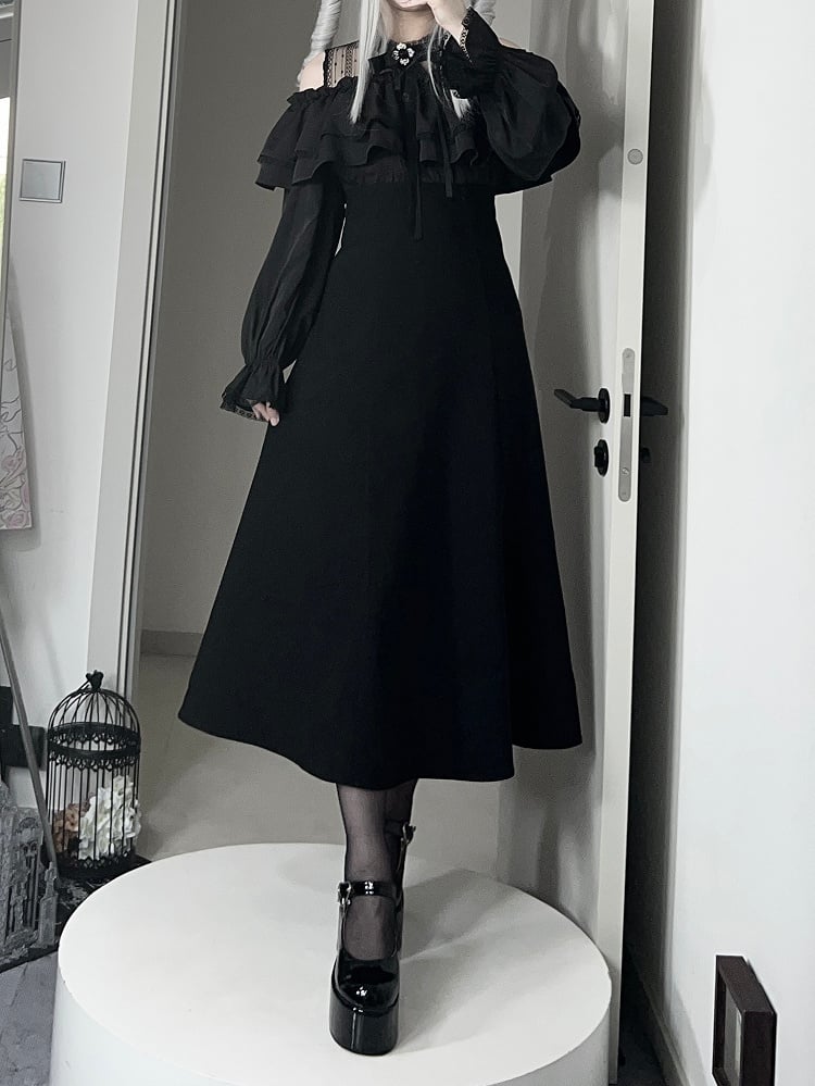 Off-Shoulder Illusion Elegancewith Black Ruffles Ladylike Dress:Dark Kei Tiered Jirai