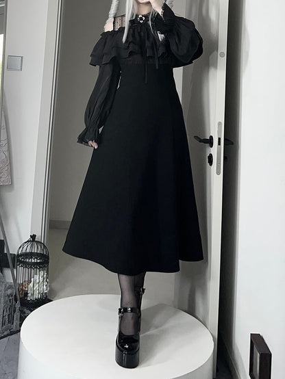 Off-Shoulder Illusion Elegancewith Black Ruffles Ladylike Dress:Dark Kei Tiered Jirai