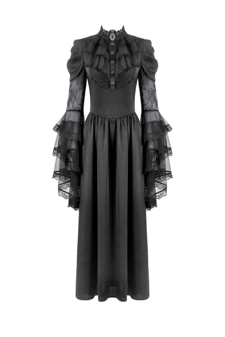 Black Stand Collar Trumpet Sleeve Lace Wedding Gothic Dress