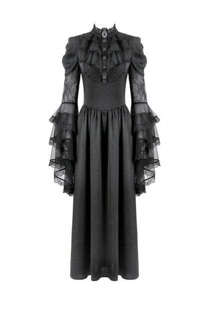 Black Stand Collar Trumpet Sleeve Lace Wedding Gothic Dress