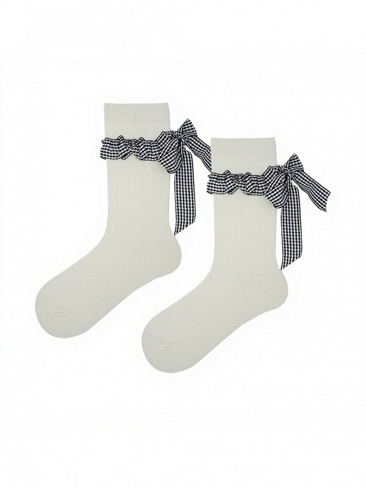 Ribbed Ankle Socks with Plaid Bow Decoration - ModaSwings