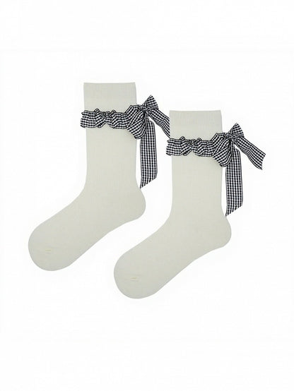 Ribbed Ankle Socks with Plaid Bow Decoration - ModaSwings