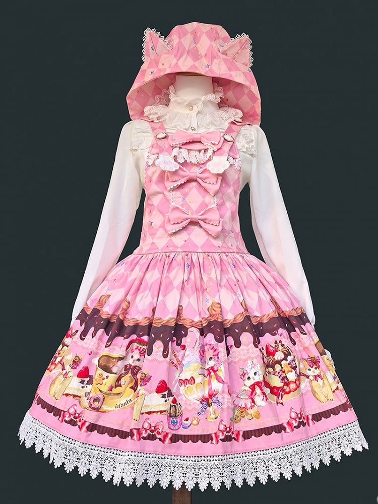 Hood Pattern Diamond Dress Dessert and Lolita Cat Sweet Pink Overall Print with Ear