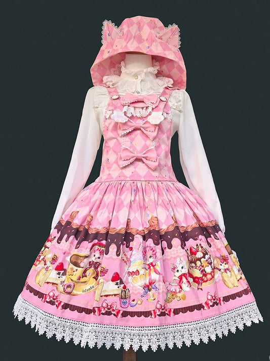 Hood Pattern Diamond Dress Dessert and Lolita Cat Sweet Pink Overall Print with Ear