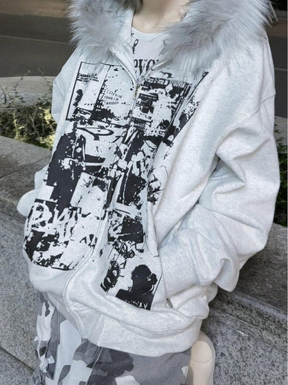 Jacket Faux Gray Trim - Hood Print Zip-up Y2K Hooded Decoration Fur Light