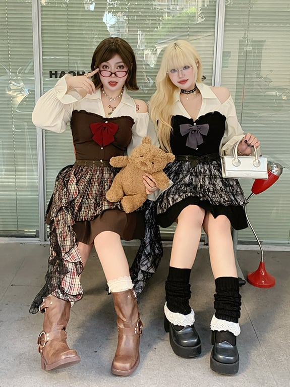 Bishop Dress Pleated Cutout Shoulder and Skirt / Sleeves Plus Size Black Brown with