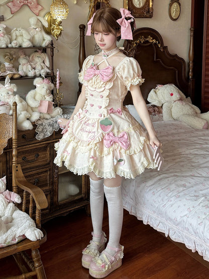 Polka Dot Dress Cute Ear Beige Pink OP Bunny Bonnet Full Lolita + Strawberry Themed Hairband Set Choker