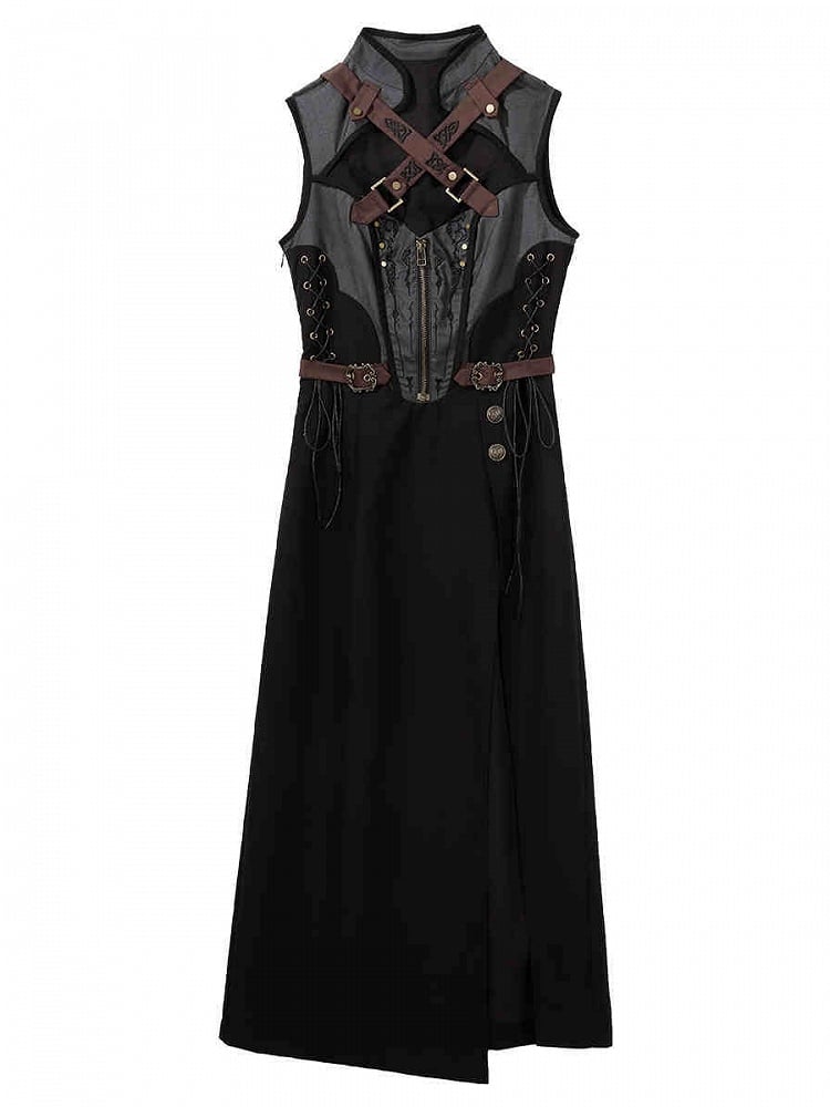 Kleid mit seitlichem Kragen und Schnallenträgern, ärmellos, gebändert, schwarz, grau, überkreuzter Schlitz