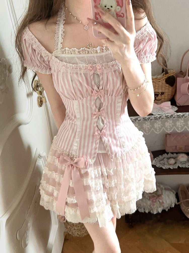With Puff Sleeves Striped Lace Halter Top Accents Bow Pink