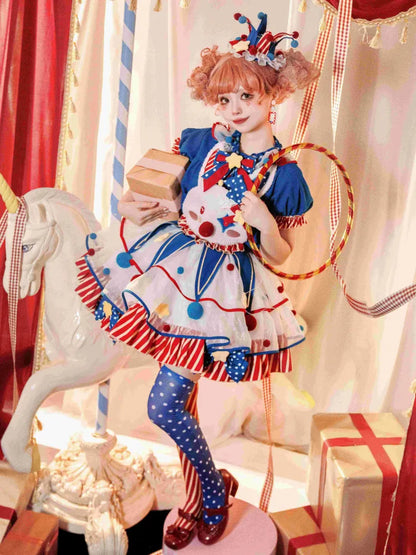 Clown Dark Bunny Kleid Blau Clowncore Overalls Fleece Lolita Pastell Sweet Circus Rot und Mieder