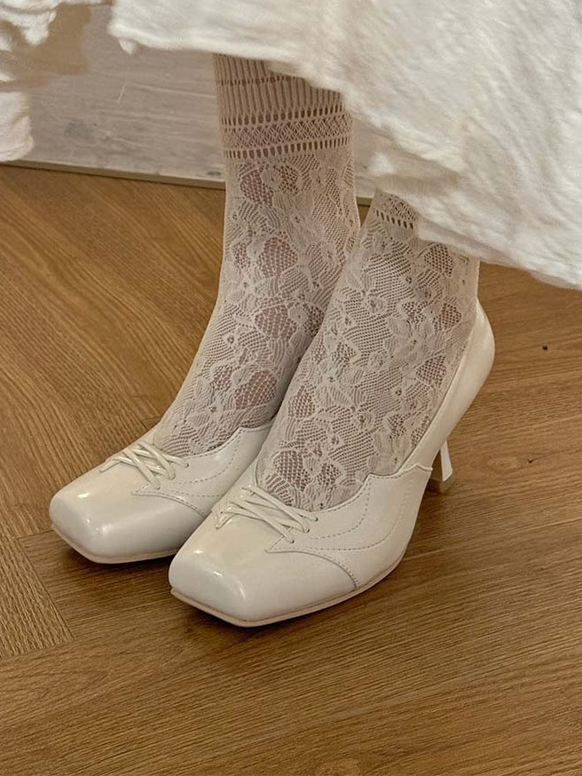 Crisscross Square Toe with Bat High White Heels Details Gothic Leather PU Design