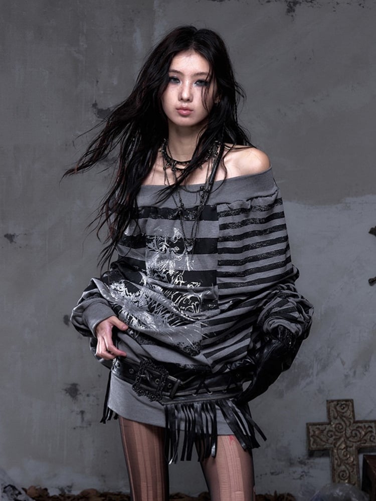Black Sweatshirt Dress Print Stripes Cross Punk Off-Shoulder Versatile Batwing with Y2K Gray