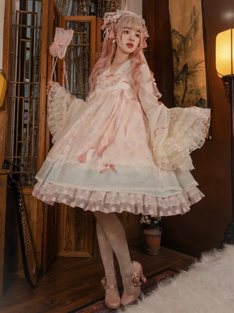 Rosa Han Lolita-Kleid mit Empire-Taille in Pfirsich- und Pfirsichblüten-Print