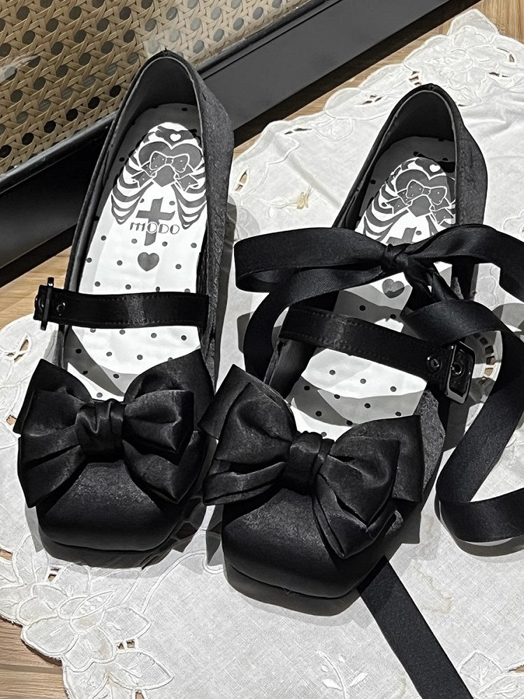 Ankle Square Lolita Jane Lace-up Toe Black Shoes - Elegant Mary Top Bow at