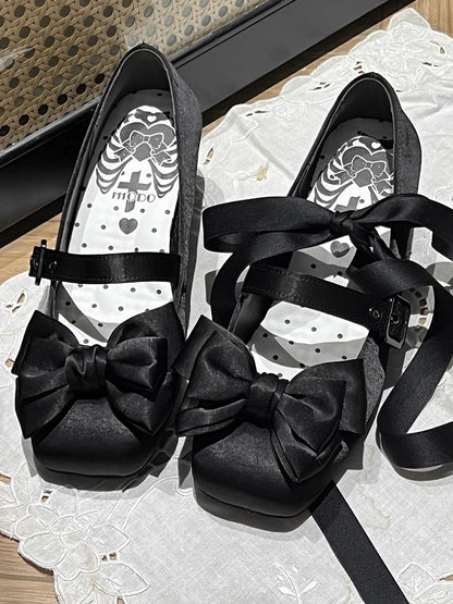 Ankle Square Lolita Jane Lace-up Toe Black Shoes - Elegant Mary Top Bow at