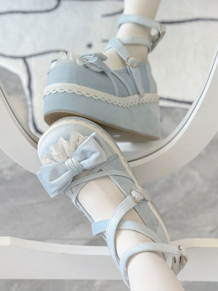Mary Lace-Trimmed Velvet Bow Sweet Lolita Platform Blue Janes -