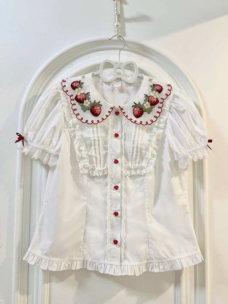 Strawberry Collar Embroidery Red Blouse White Sleeves Short
