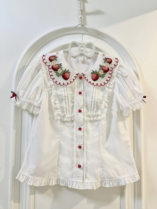 Strawberry Collar Embroidery Red Blouse White Sleeves Short