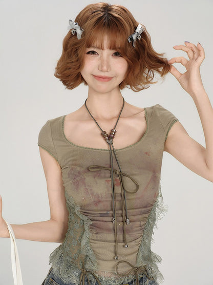 Green Lace Patchwork Short Sleeve Tee - Girlyhalo