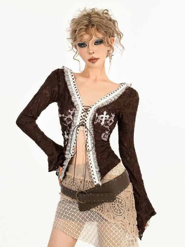 Brown V-Neck Long Sleeve Lace Pattern Blouse with Strap Accent