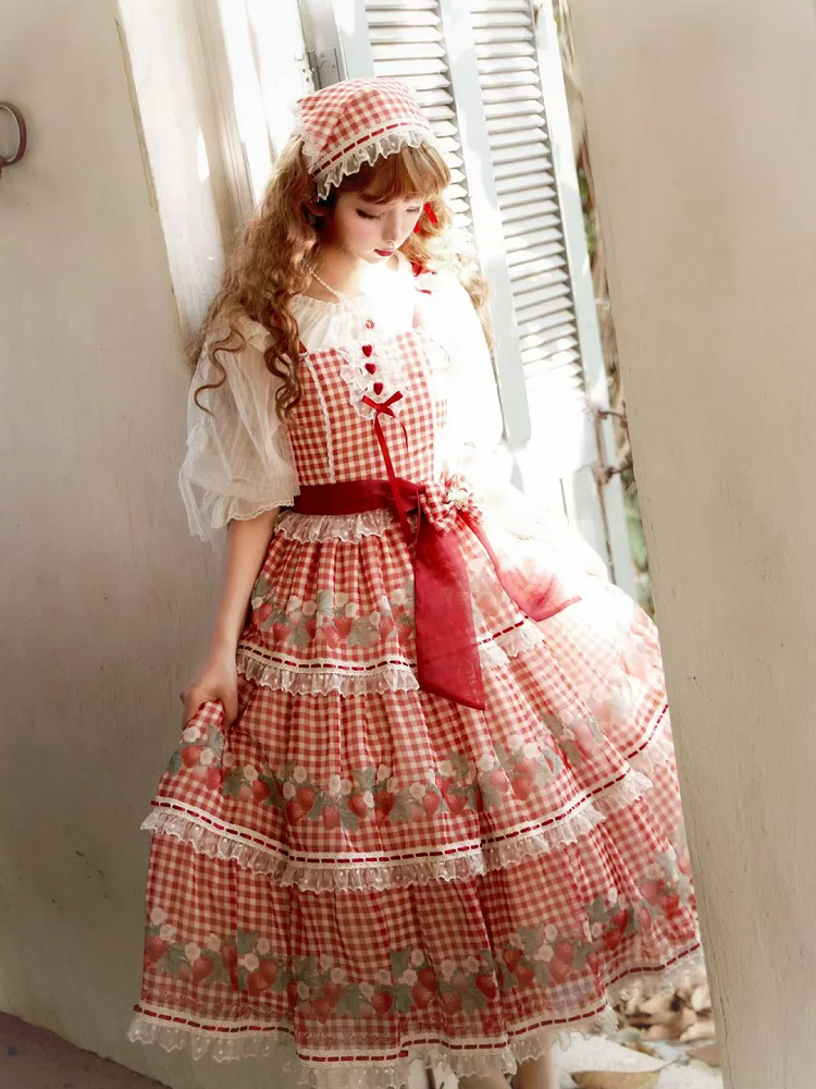Strawberry Print Red Lolita Picnic Gingham Dress Sweet Lolita Jumper Skirt