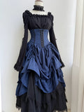 Boned Dark Lolita Bust Gothic High Skirt Blue Drawstring Waist Under