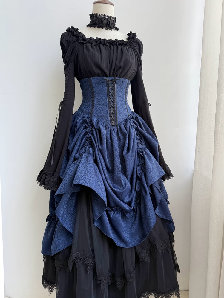 Boned Dark Lolita Bust Gothic High Skirt Blue Drawstring Waist Under