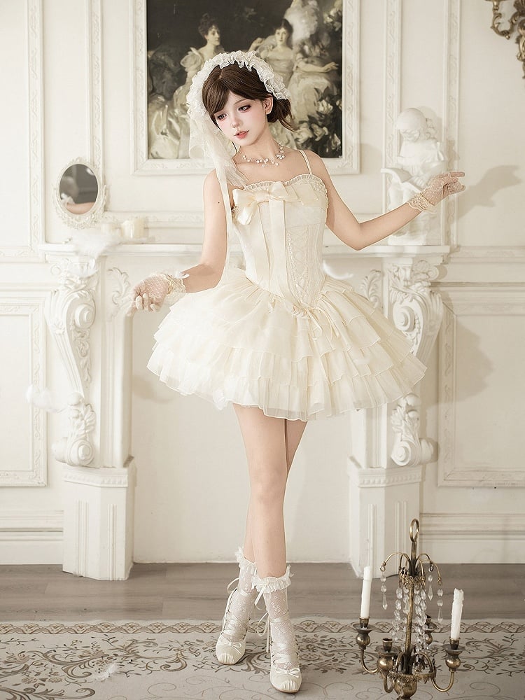 Boned Corset Waist Spaghetti Straps Dress Lolita JSK with Tiered Skirt - With PUJI