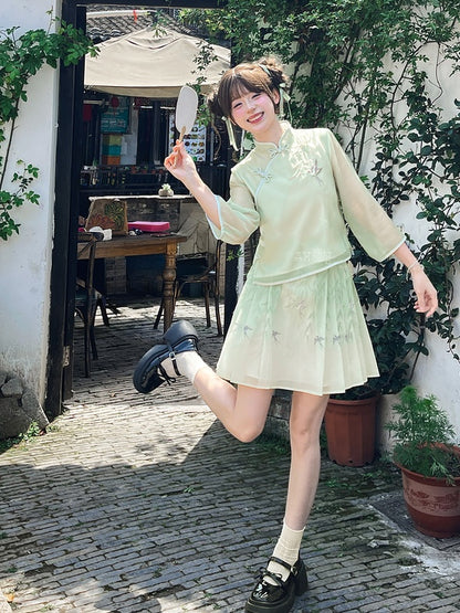 Green Willow and Swallow Print Cheongsam Light Style
