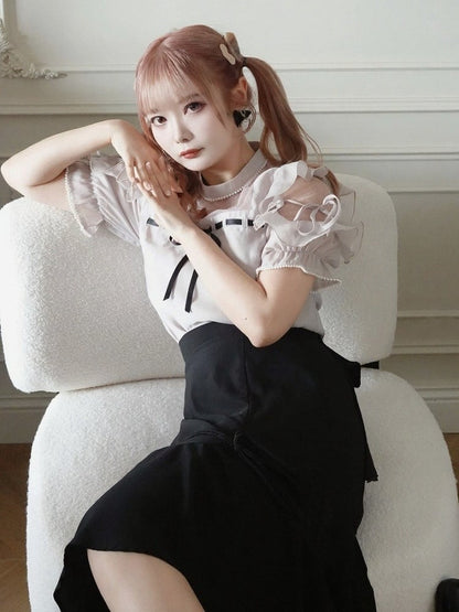Plus Size Dusty Pink Seiso-kei Cutout Shoulder Blouse with Tulle Panel and Ruffle Accents - Smyster