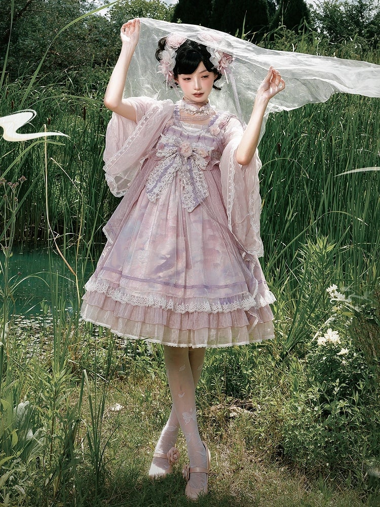 Han Bow Lolita Stück Langes Rosa-Lila Halbtransparente Printärmel Großes Kleid Whale Wide One