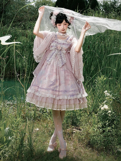 Han Bow Lolita Stück Langes Rosa-Lila Halbtransparente Printärmel Großes Kleid Whale Wide One