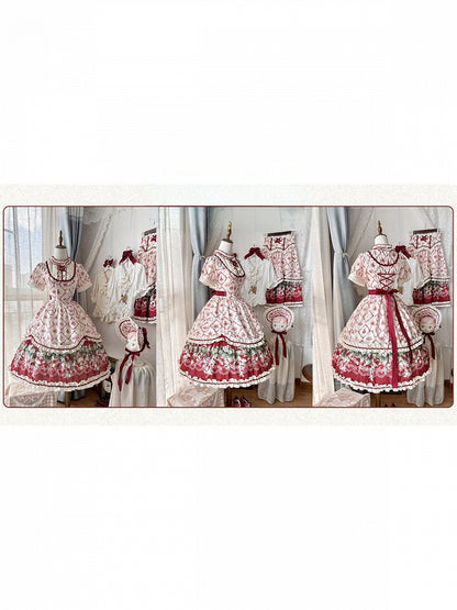 Sweet Lolita Strawberry Floral Printed OP Gown with Lace and Ribbon Accents - Currant