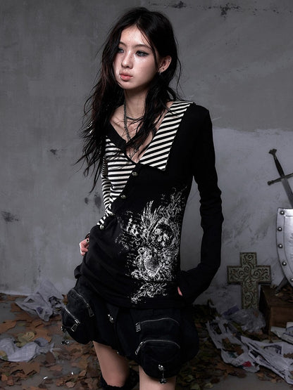 Top Vintage + Gothic Y2K Striped Collar with Black Punk Heart Knit Sleeve Motif