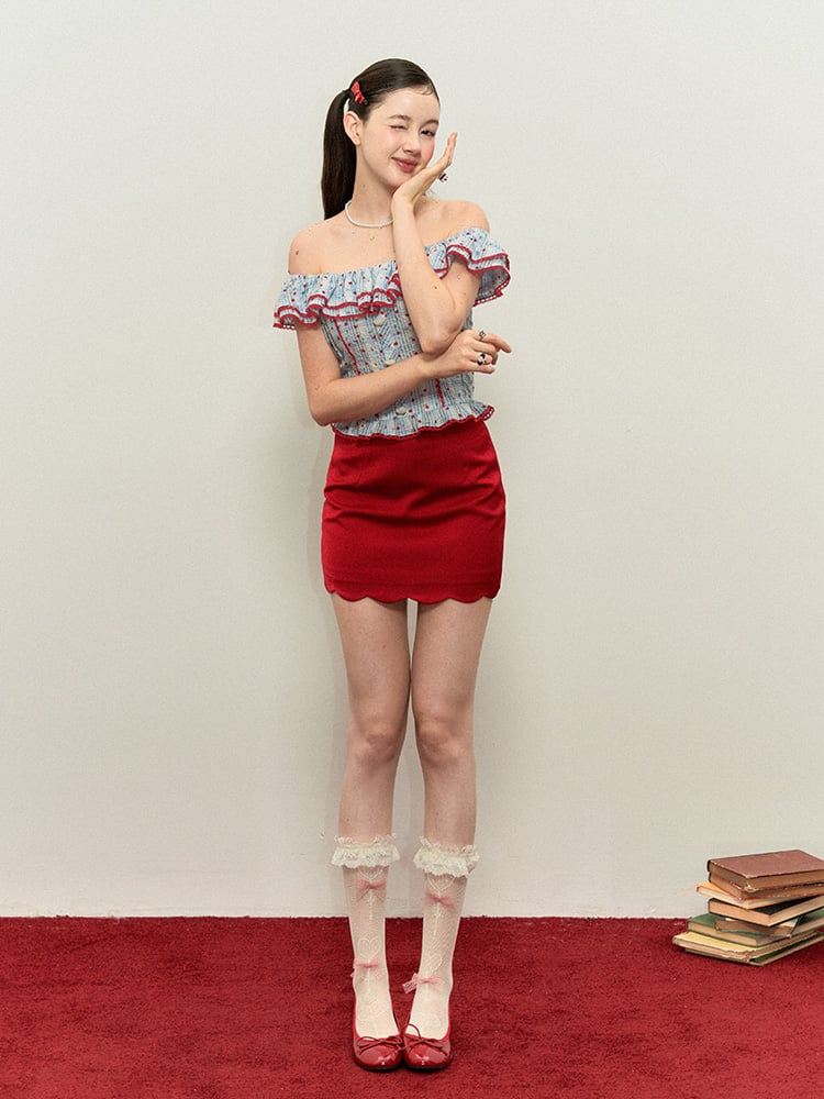 Print Red Floral Off-the-shoulder Top Blue Plaid Neckline